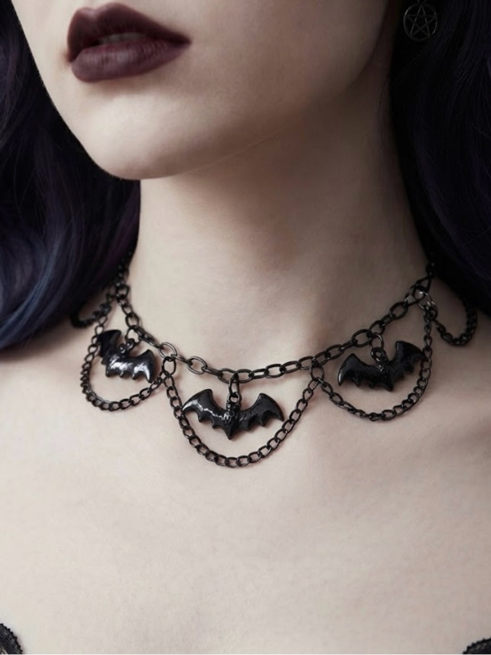 Hand Crafted Black Gothic Bat Pendant Choker Necklace